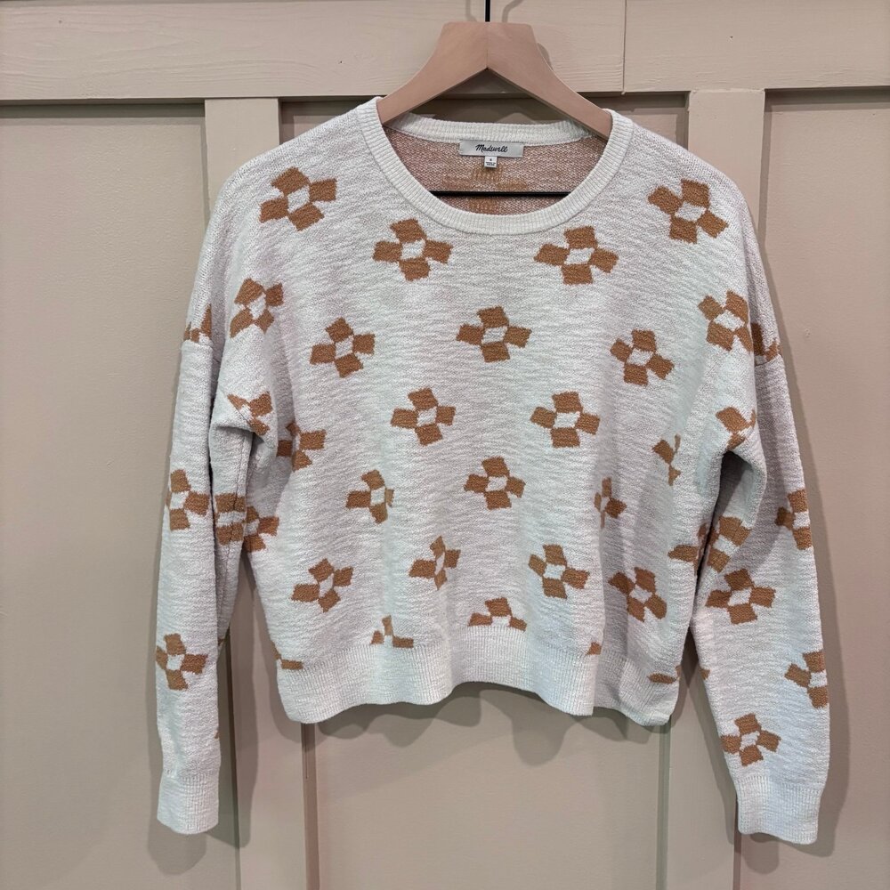 Madewell sz S Geometric Knit Sweater Cream Mustard Cotton Blend Crewneck - Picture 5 of 5
